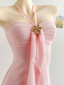 2026 Women's Romantic Gradient Mesh Knit Holiday Dress With Halter Neck, Bow And Decorative Metal Buckle, Mermaid Cut, Suitable For Parties, Dates, Afternoon Tea, Sexy And Elegant - 綠色 - 查看 5