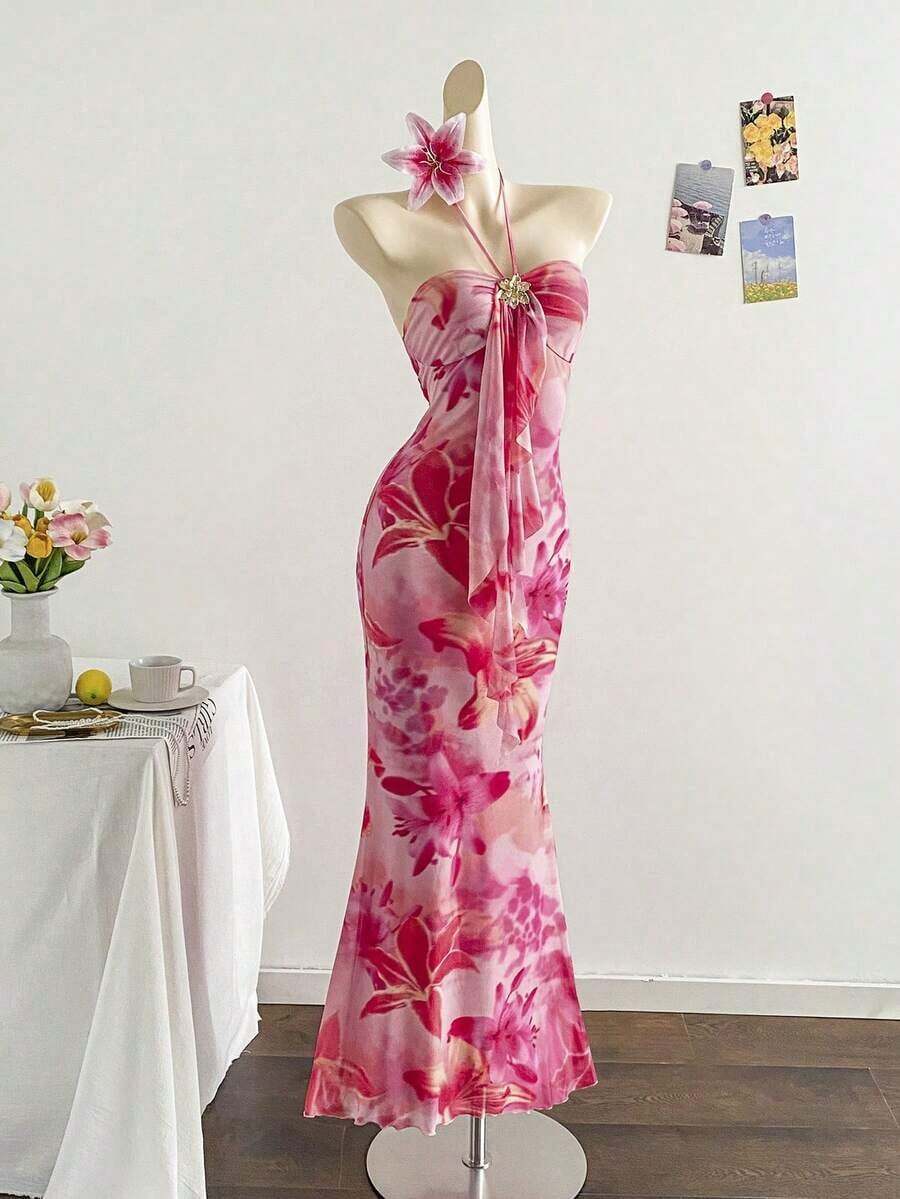 2026 Women's Romantic Gradient Mesh Knit Holiday Dress With Halter Neck, Bow And Decorative Metal Buckle, Mermaid Cut, Suitable For Parties, Dates, Afternoon Tea, Sexy And Elegant - 黑與白 - 查看 1