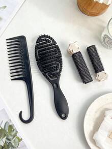 Set de 4 piezas de peine negro y pinza para flequillo, pinza sin costuras de corona alta, peine esponjoso, peine curvo grande portátil, combo de herramientas esenciales para el peinado - Negro - Ver 5