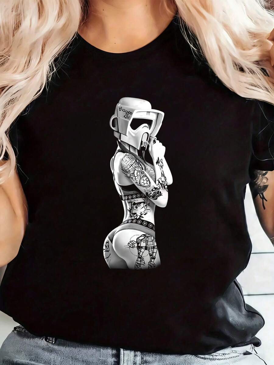 Black Art Style Character Boba Fett Tattooed Woman Defiant Attitude Side Glance Detailed Body Ideal For Fans Of Movies And Contemporary Pop Culture - 黑色 - 查看 1
