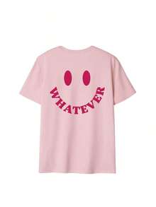 Nueva camiseta de manga corta para mujer con cuello redondo y estampado de "WHATEVER" y una sonrisa, estilo veraniego, versátil y a la moda, adecuada para el uso diario de las mujeres y para las vacaciones de primavera. - Caqui - Ver 3