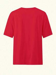 Camiseta de algodón puro para mujer, estilo casual, con cuello redondo y estampado de letras, inspirada en Los Ángeles, California. - Rojo - Ver 3