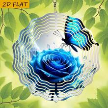 1pc Blue Butterfly & Glowing Blue Rose Metal Windmill - 10 Inch Round Double-Sided Garden Art With Rotating Hook, 360° DIY Creative Dynamic Outdoor Decor For Yard And Lawn, Butterfly Decor (Pendant Not Included), Random Style - A - View 5