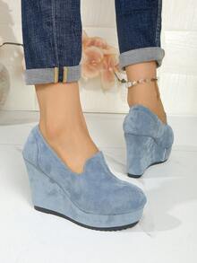 Fashion Platform Slip-On New Minimalist Spring/Autumn Outdoor Plus Size Women's Wedge Heel Thick Bottom Pumps (Shoes Run Small By 1 Size) - Blue - View 4