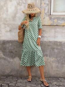 YJLEMERY ROSE Women's Dress With Notched Collar, Ruffled Hem And Short Sleeves YJL - Army Green - View 5