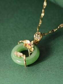 1pc Green Peace Wreath Necklace, Luxury Micro-Pave Green Jade Lotus Leaf Pendant, Suitable For Women, Everyday Wear And Valentine's Day - Silver - View 3