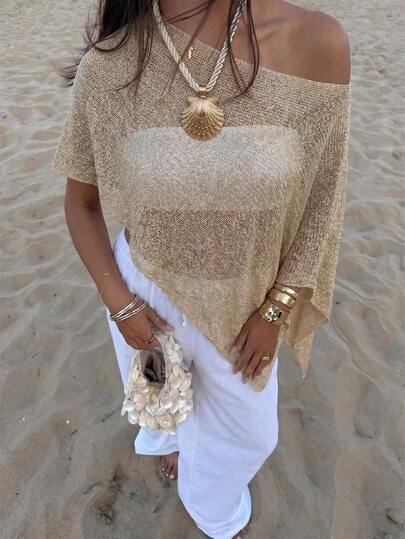 Damen Lässig Sexy Glänzend Leicht Einfarbig Durchbrochenes Gestricktes Cover-Up Top, Fledermausärmel Asymmetrischer Saum Cape-Stil Cover-Up, Sommerurlaub Strand, Musikfestival Landurlaub Lässig Street Date, Resortwear