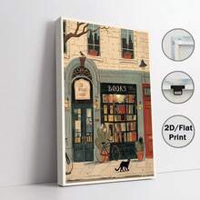 1 pieza, Arte plano 2D, Póster retro, Impresión de pintura al óleo de librería acogedora, Pintura en lienzo de gato negro de librería callejera, Decoración de pared única y creativa, Decoración perfecta para sala de estar y dormitorio, Sin marco - G - Ver 18
