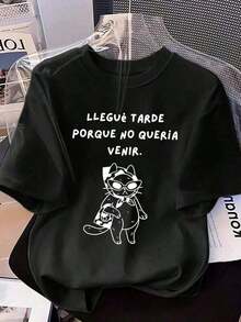 100% cotton 2026 Nueva primavera Camiseta de cuello redondo de manga corta con estampado de gato de estilo español casual, blanca de verano Blusas Bonito 100% Cotton - Negro - Ver 7