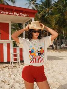 Camiseta de mujer, camiseta de manga corta con diseño gráfico de estilo casual urbano, top de verano lindo, camiseta de algodón puro. - Albaricoque 2 - Ver 3