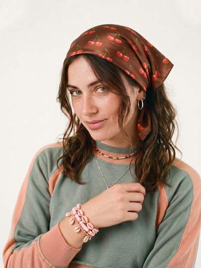 1pc Cute Cherry Print 70cm Square Scarf, Suitable For Casual And Street Wear, Fashion Bandana, Headband, Headwrap, Outdoor Sun Protection Accessory To Decorate Your Look