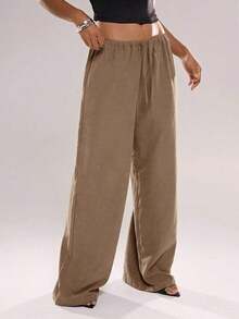 Pantalones casuales de uso diario de unicolor con cordón en la cintura para mujeres - Marrón - Ver 11