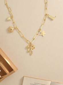 1pc Fashionable ZA Pendant Necklace, Retro Boho Beach Style With Starfish, Shell, Bow And Multi-Pendant Design, Single Strand Choker Necklace, Party/Holiday Gift, Versatile Accessory - Yellow Gold - View 4