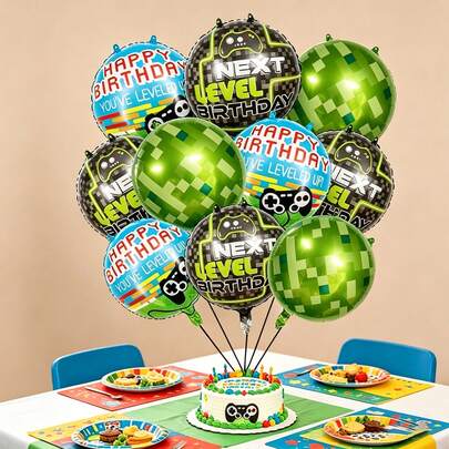 10pcs (With Accessories) 18-Inch Gaming Theme Foil Balloon Set - "Happy Birthday You've Leveled Up" + "Next Level Birthday" + Pixel Green Sphere - Birthday/Esports Party/Party Room Decor