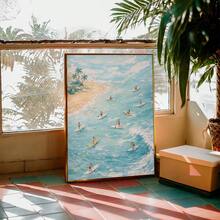 1幅帆布墙画，带框墙饰，夏季热带海滩桨板帆布画，抽象波浪油画风格，夏季海岸主题装饰画，描绘棕榈树和海滩，适用于客厅、卧室、浴室、公寓、海滨住宅和度假屋的墙面装饰，夏季家居装饰，房间装饰美学，宿舍装饰，厨房装饰，餐厅装饰，夏季海报 - A - 查看 8