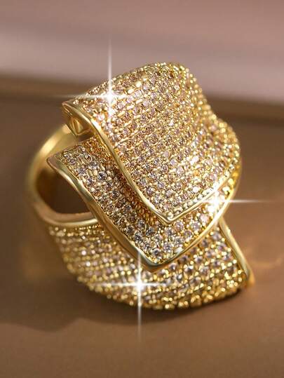 1pc Luxury Gold Plated Big 3-Layers Cubic Zirconia Wedding Rings, Adjustable Creativity Fashion Ring For Women, Suitable For Engagement Party Jewelry, Valentine's Day Gift, Mother's Day, Gift, Various Occasions