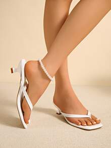 Oversized One Size Summer New Soft Leather Square Toe Sandals, Ankle Strap Kitten Heel Sandals, Versatile Stilettos Thong Slippers For Women - White - View 11