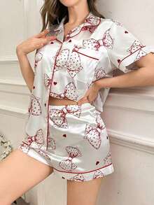 Beige & Red Bow Print Satin 2pcs Pajama Set, Women Lapel Sleepwear - White - View 1