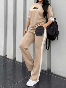 Conjunto de 2 piezas de camiseta de manga corta de cuello redondo y pantalones sueltos de cintura elástica para mujer, uso casual diario, elegante para primavera/otoño y verano - Albaricoque 117 - Ver 7