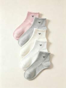 1/5 paires de chaussettes montantes femme avec volants et nœud en forme de cœur - respirantes, confortables, douces - convient pour le port quotidien, le travail, la maison - toutes saisons - Multicolore - Voir 4