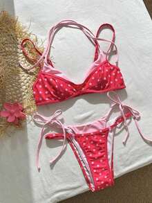 Bikini de mujer con estampado de lunares y rayas retro, casual y elegante para vacaciones, festivales de música, carreras de caballos, Kentucky Derby - Rosa Fucsia - Ver 2
