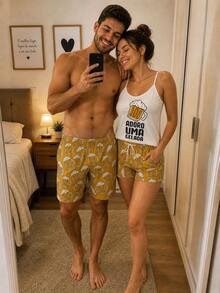 Women's Baby Doll Couple Pajamas I Love A Cold One Piece + Men's Striped Shorts One Size - 白色 - 查看 5