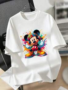 Men's Disney Mickey Mouse Hip Hop Graphic T-Shirt, Colorful Splash Art Short Sleeve Tee, Mickey With Headphones Graffiti Print Casual Crew Neck Streetwear Cotton Top, White Loose Fit T-Shirt For Men, Summer Daily Wear Cartoon Tee - trắng - Xem 3