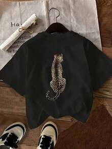 Camiseta de Cuello Redondo con Estampado de Leopardo, Casual, Deportiva, de Manga Corta para Mujer, Camiseta de Algodón - Negro - Ver 8