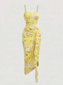 Vestido de mujer con estampado de mariposa vintage con teñido anudado, volantes fruncidos y bajo asimétrico, ideal para el Día de San Valentín, carnaval, cóctel, cena, baile de graduación, cumpleaños, verano y fiestas - Amarillo claro 2 - Ver 1