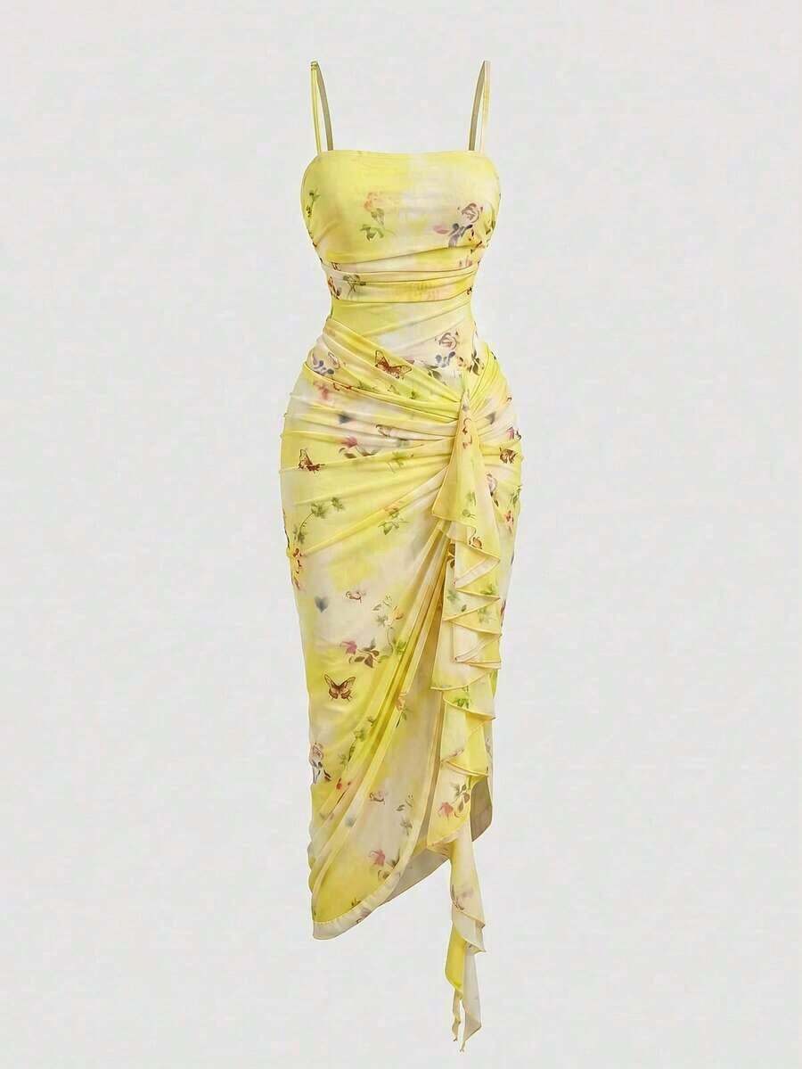 Vestido de mujer con estampado de mariposa vintage con teñido anudado, volantes fruncidos y bajo asimétrico, ideal para el Día de San Valentín, carnaval, cóctel, cena, baile de graduación, cumpleaños, verano y fiestas - Amarillo claro 2 - Ver 1