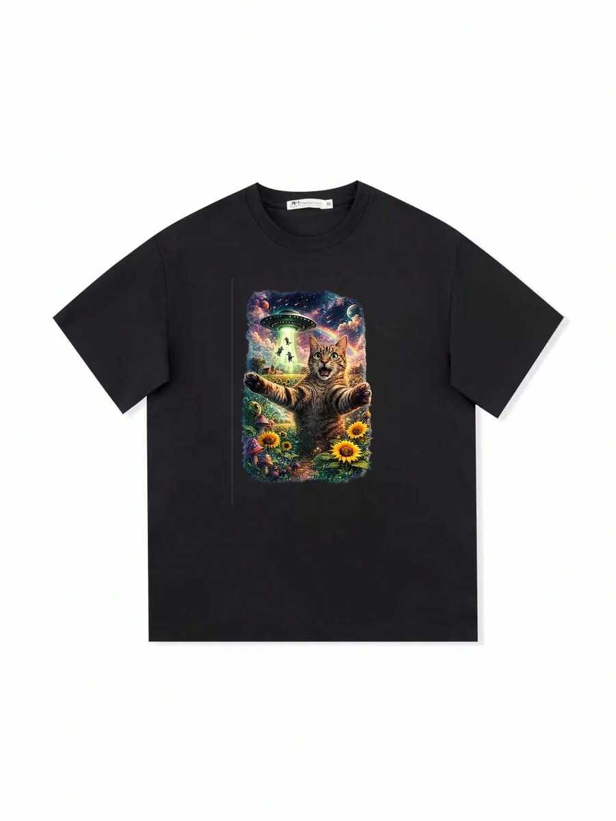 Camiseta de Algodón para Hombre Cosmic Cat, Estampado de Gato Alienígena OVNI Espacial, Algodón Puro, Impresión Premium, Duradera, Casual y a la Moda - Negro - Ver 1