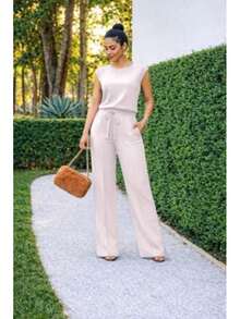 Women's Set Of Waisted Blouse And Comfortable Pants With Lining And Tie At The Waist, Luxury Casual Elegant - trắng - Xem 2