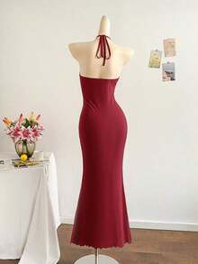 2026 Women's Romantic Gradient Mesh Knit Holiday Dress With Halter Neck, Bow And Decorative Metal Buckle, Mermaid Cut, Suitable For Parties, Dates, Afternoon Tea, Sexy And Elegant - 酒紅色 - 查看 2
