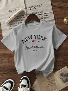 Women's Summer T-Shirt, New Fashion, Simple Slogan Print, Casual Vacation Style, Loose Fit, Round Neck, Short Sleeves. Blouse For Everyday Wear And Vacations. Women's T-Shirt. - 淺灰色 - 查看 5