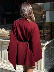 Abrigo de lana con cuello alto, mangas de murciélago, cintura ceñida para mujer en otoño/invierno - Burdeos - Ver 2