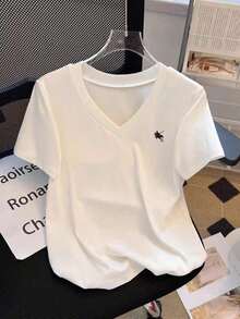 Camiseta casual versátil de mujer de unicolor con cuello en V y manga corta - Negro - Ver 12