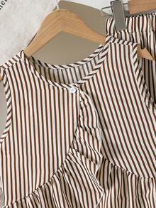 Left Mama Tween GirlsCasual Asymmetrical Ruffle Sleeveless Striped Top And Straight Pants Set, Summer - Brown - View 6