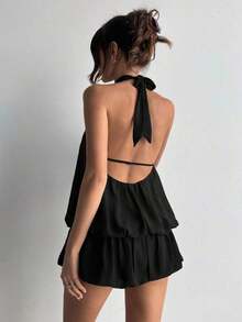 KIMW  Vestido casual de verano para mujer con cuello halter, unicolor y volantes en el bajo - Negro - Ver 1