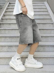 Quần short denim ống đứng thoải mái, phù hợp cho nam thiếu niên, quần short jeans dáng rộng, kiểu dáng đường phố, phong cách vintage cổ điển, quần short denim thường ngày. - Xám - Xem 3