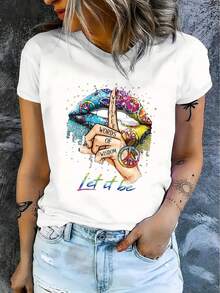 Camiseta Casual de Manga Corta para Mujer, 1 pieza, 100% algodón grueso - Cuello redondo cómodo, camiseta suave y bonita. - Blanco - Ver 3