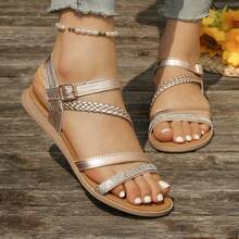 Aijiangluo Women's Vacation Style Woven Rhinestone Wedge Sandals, Metallic Snake Print Embossed Buckle Ankle Strap Sandals, Casual Outdoor Open Toe Beach Flat Shoes - Rose Gold - View 12