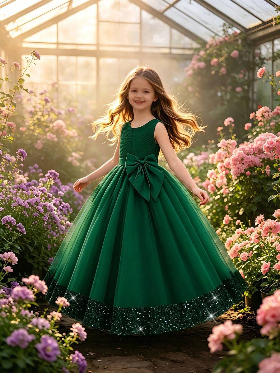 Tween Girl Sequin Bow Mesh Elegant Party Dress, Suitable For Evening Events, Headband Not Included - Dark Green - View 1
