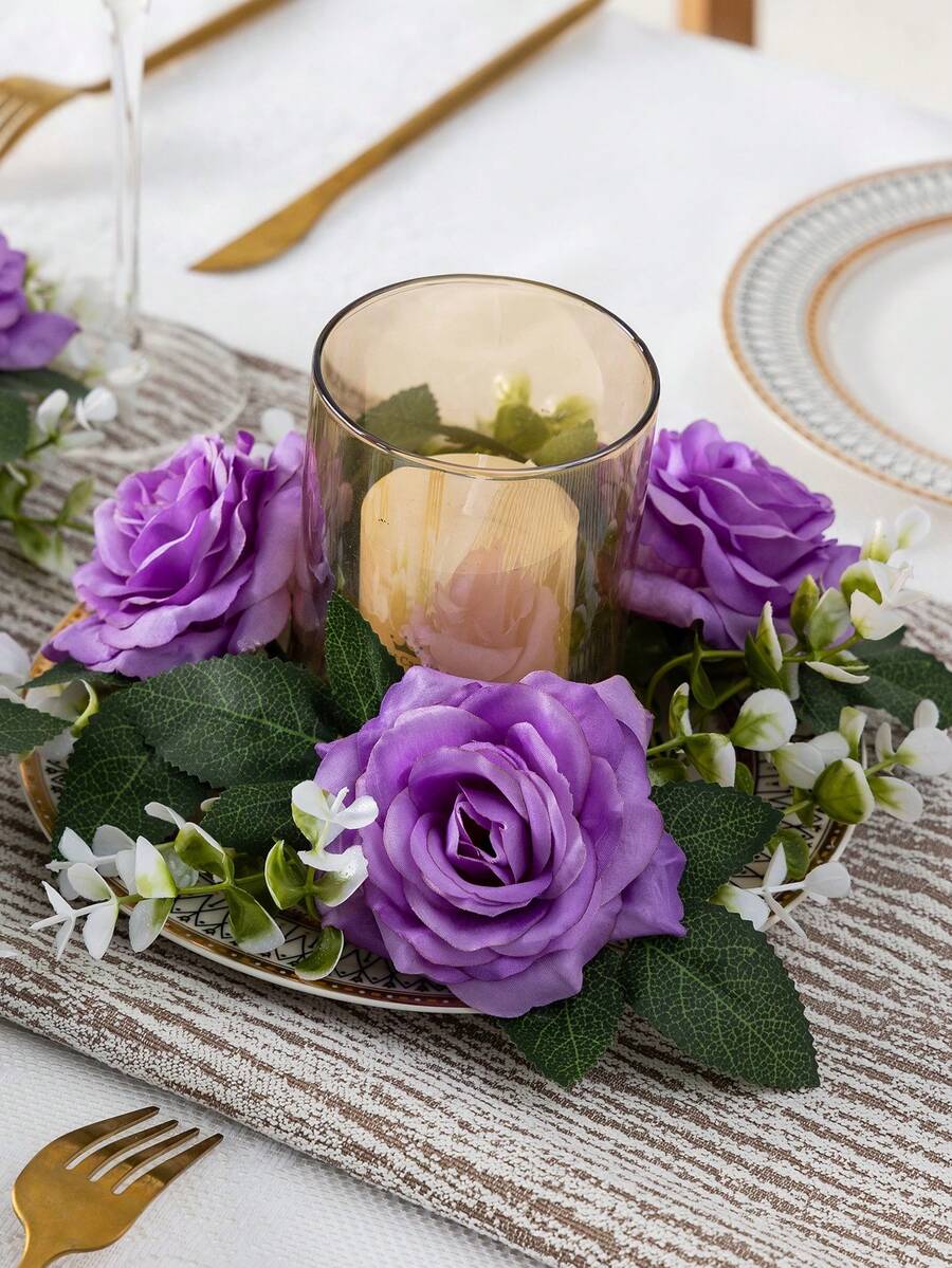 MEHELANY 1pc Purple Artificial Rose Table Centerpiece, Faux Floral Table Runner With Greenery, Fake Rose Wreath, Suitable For Home Dining Table, Birthday Party, Wedding Reception, Bridal Shower, Farmhouse Style Table Decor - Purple - View 1