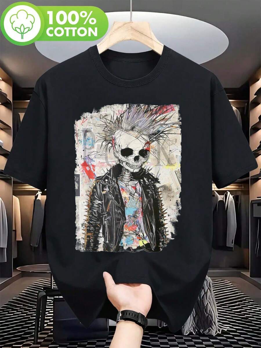 Men's Punk Skull T-Shirt, Comfortable Casual Wear, Fashion Design, High Quality, Short Sleeves - Black - View 1