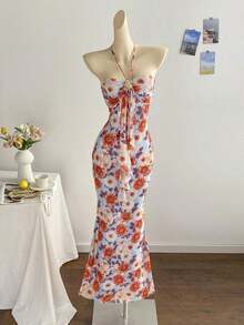 Vestido maxi de mujer con cuello halter, ajustado, con detalles de hebilla metálica y degradado romántico de malla de punto, adecuado para fiesta, cita, té de la tarde, sexy y elegante - Multicolor 2 - Ver 7