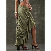 Asymmetrical Hem Adjustable Drawstring Skirt Fashionable Streetwear - Olive Green - View 5