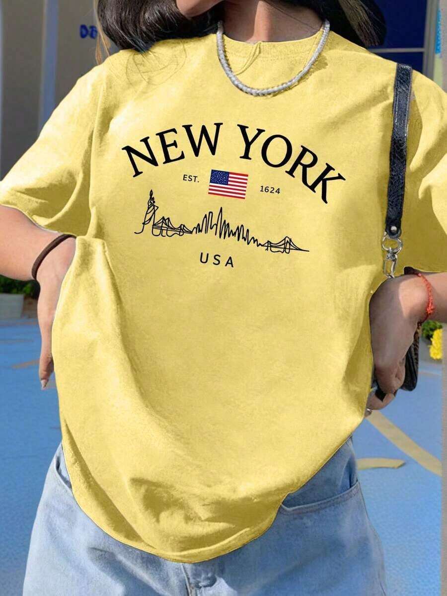 Women's Short-Sleeved T-Shirt With A Round Neck And Simple Slogan Print, Casual Summer Style, Loose Fit, Ideal For Everyday Wear And Holidays. Women's T-Shirt. - 黃色 - 查看 1