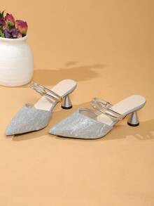 Versatile Spring/Summer High Heel Pointed Toe Mule Sandals, Fashionable Slip-On Design - Silver - View 7