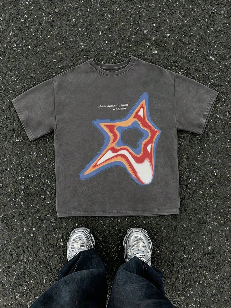 Tween Boy Cotten Clothes,Y2K-Inspired Letter Print T-Shirt - Casual Crew Neck, Short Sleeve, Machine Washable - Perfect For Spring/Summer/Fall,Fashion, Streetwear, Unisex, Men, Women - 深灰色 - 查看 1