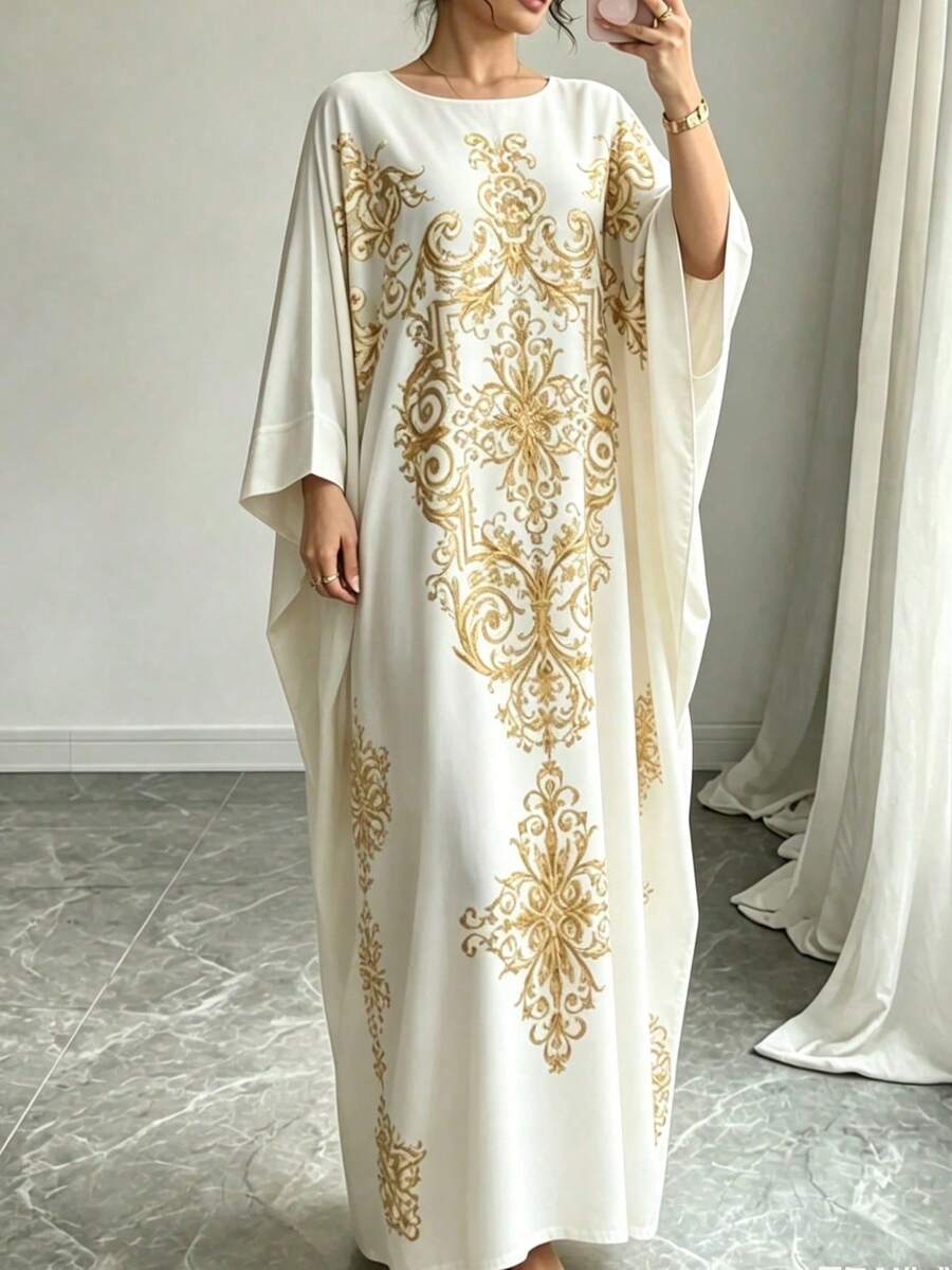 女士休闲轻薄睡袍，简约优雅印花圆领蝙蝠袖家居服长款睡袍，春夏奢华睡衣 - 彩色 - 查看 1